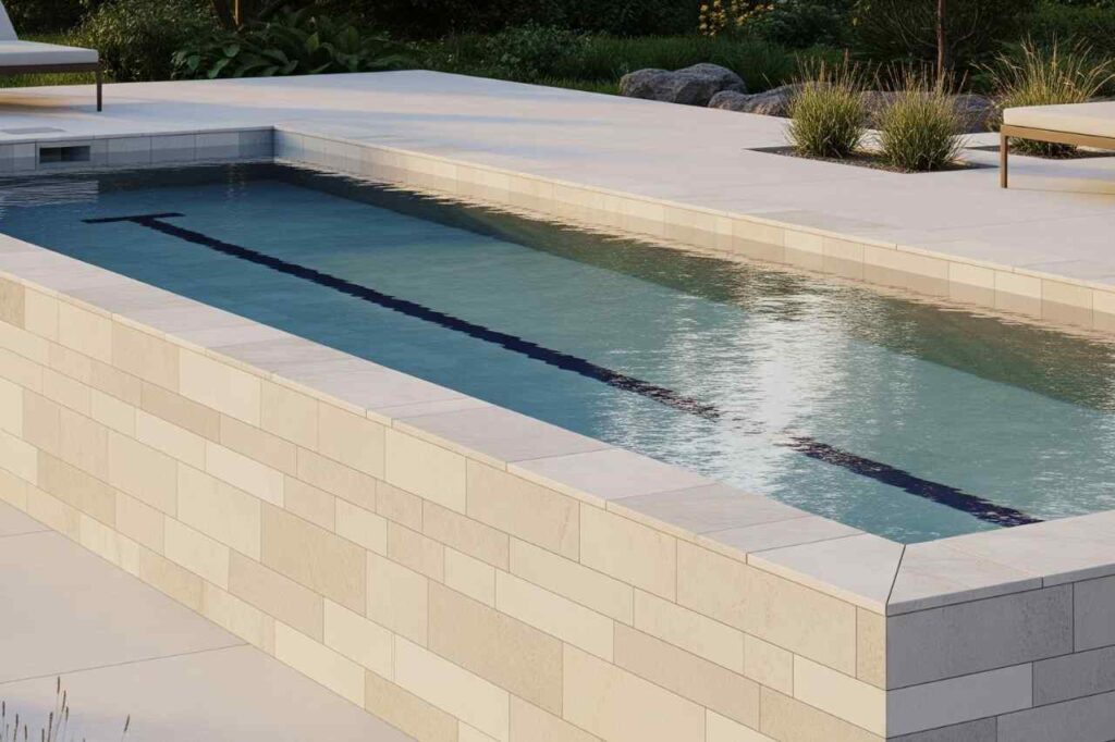 A modern above ground lap pool in Sydney with tiled walls, sleek coping, and a narrow fitness-friendly design.