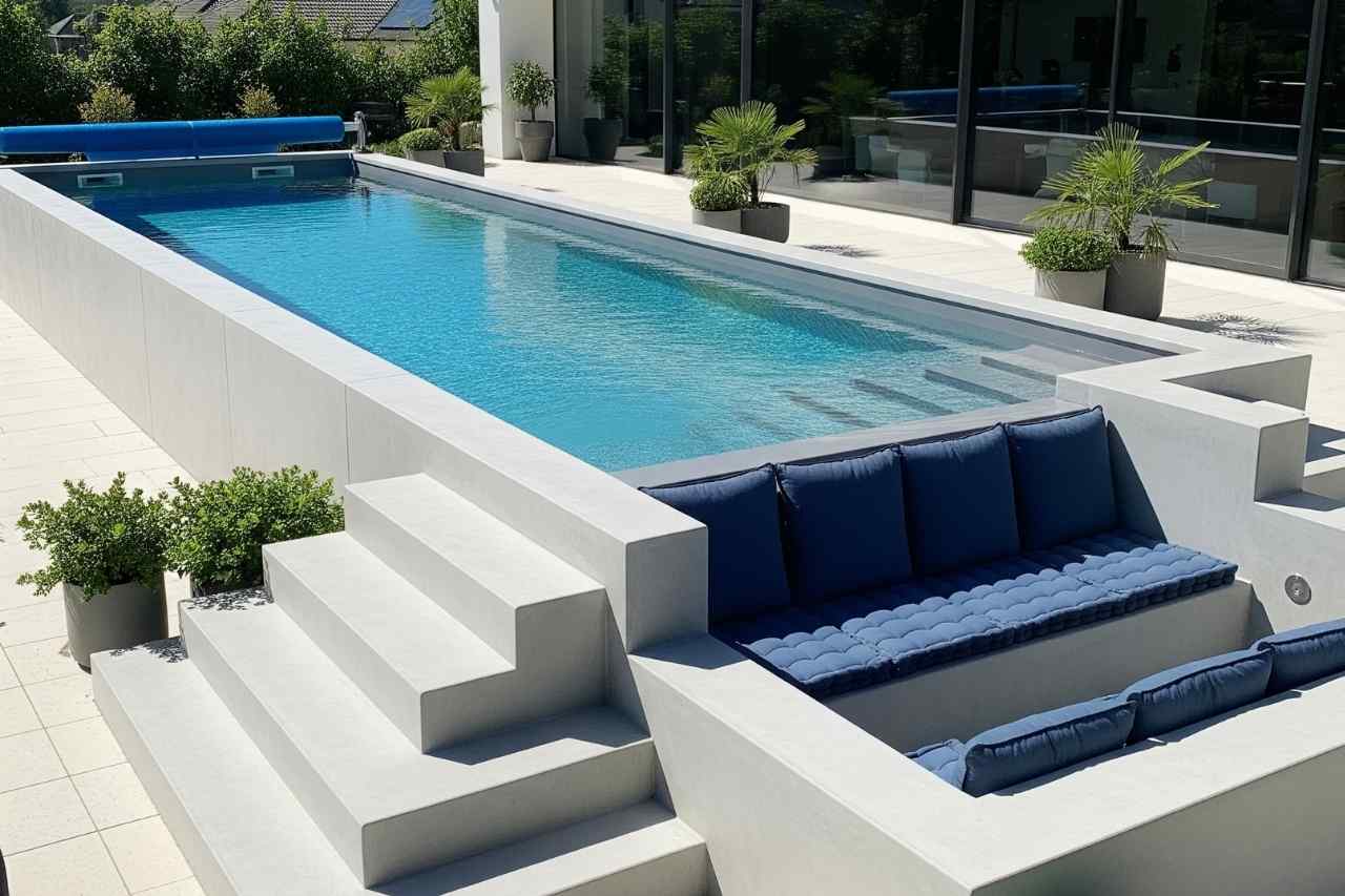 A modern concrete lap pool in a Sydney backyard featuring built-in seating, clean white surrounds, and stylish blue cushions.