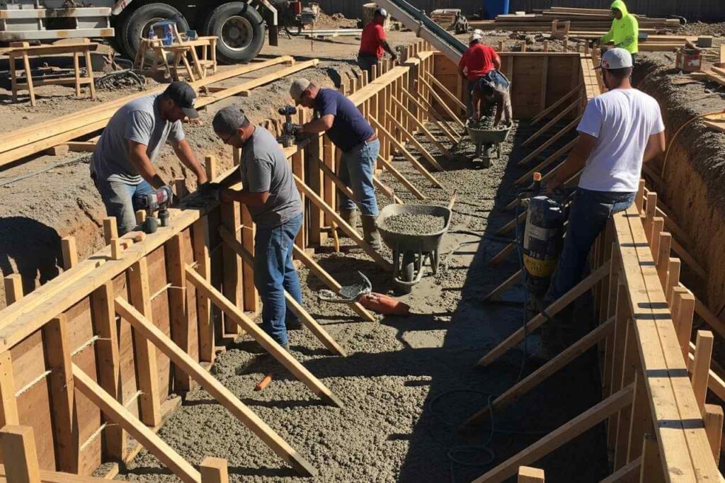Construction workers building a concrete lap pool, installing timber formwork and pouring concrete into the pool base.