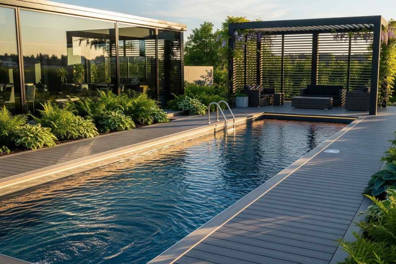A sleek fibreglass lap pool in a modern Sydney backyard, surrounded by composite decking, outdoor seating, and lush greenery.