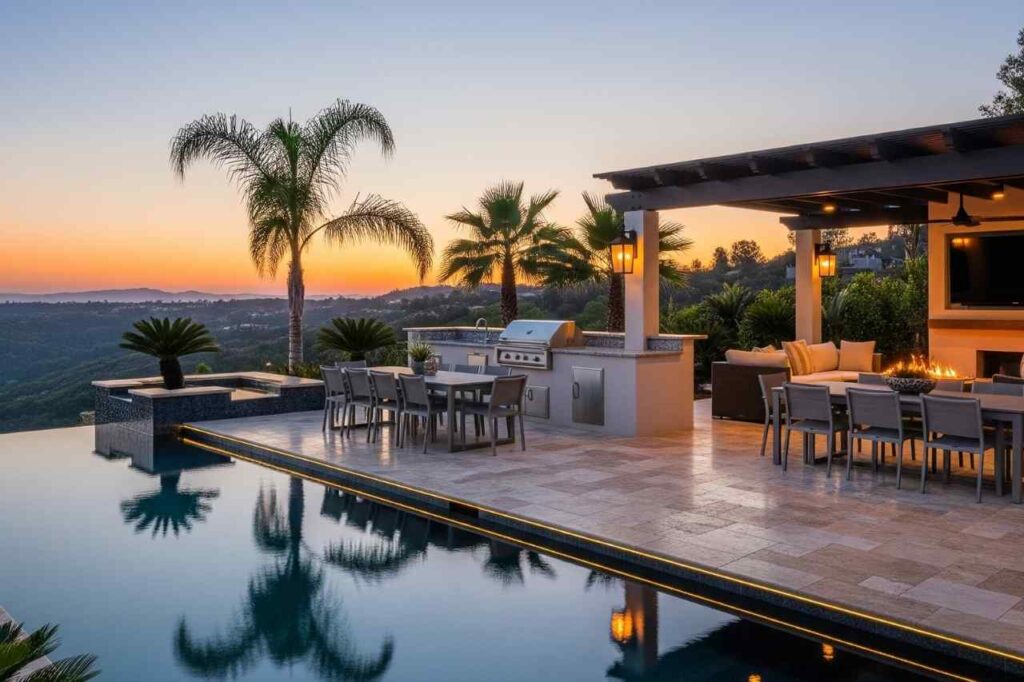 Infinity edge pool in Sydney with an outdoor kitchen, dining area, and fire-lit lounge, overlooking hillside views at sunset.