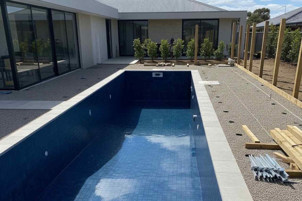 A lap pool under construction in a Sydney backyard, featuring blue tiled interior, unfinished decking, and building materials around the site.