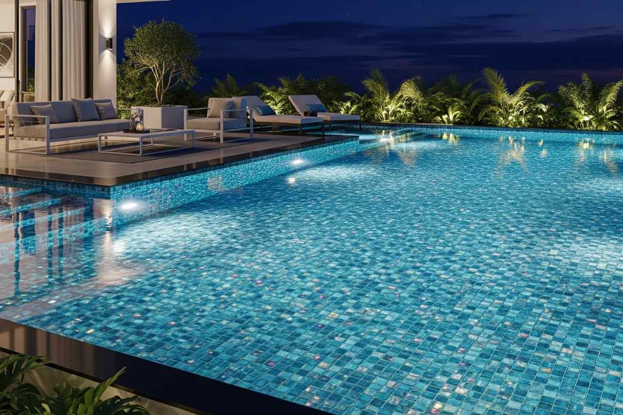 Luxury resort-style swimming pool at night with glowing mosaic tiles, elegant lounge chairs, and tropical landscaping