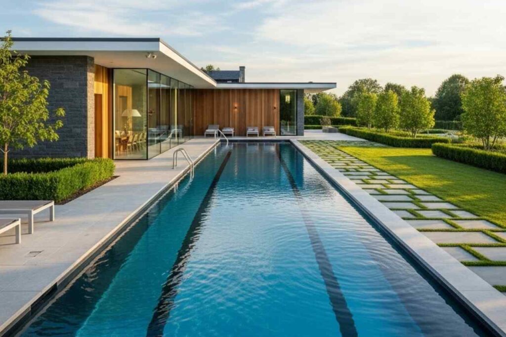 Modern luxury lap pool beside a contemporary Sydney estate with landscaped garden, and premium finishes