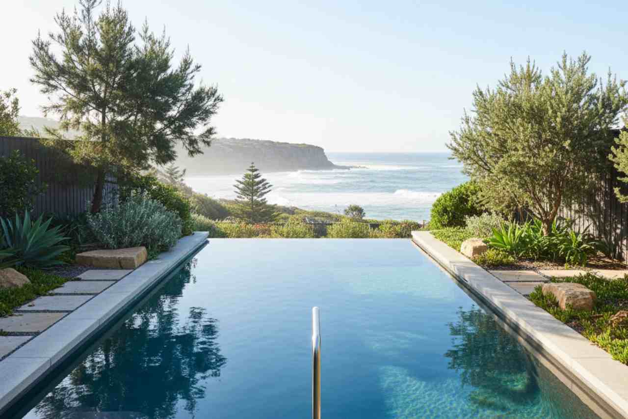 Sleek inground concrete plunge pool flush with the ground and surrounded by native coastal landscaping at a Maroubra residence overlooking the Pacific coastline.