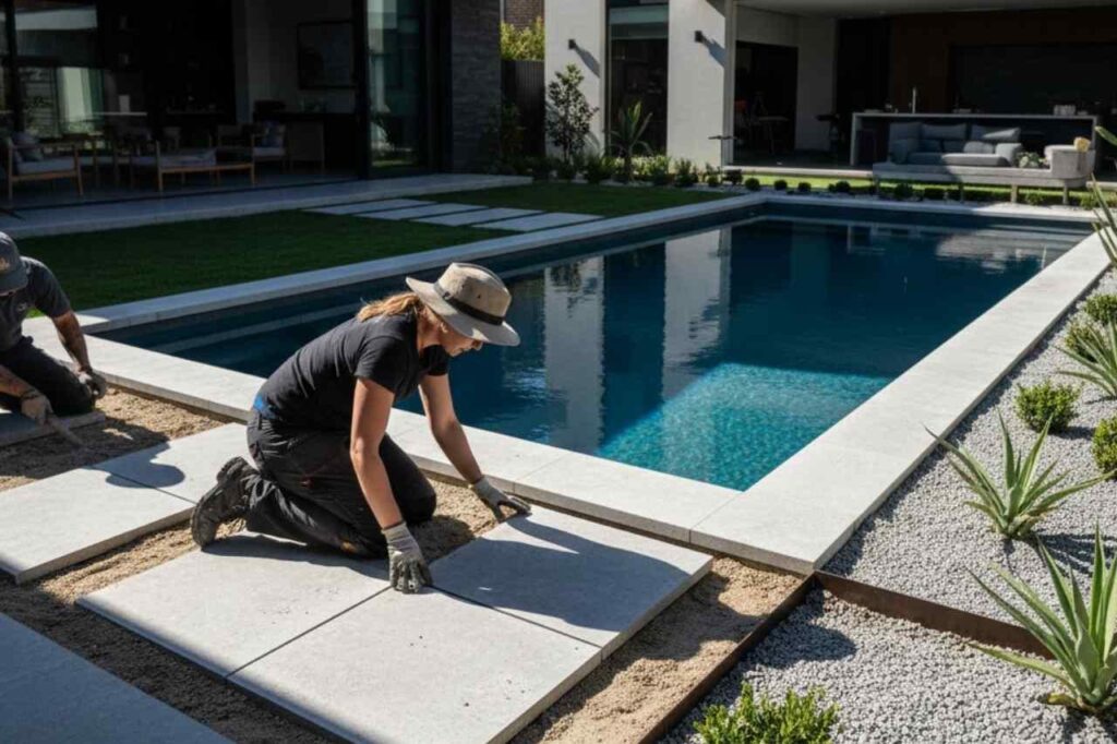 A builder tiling the pool