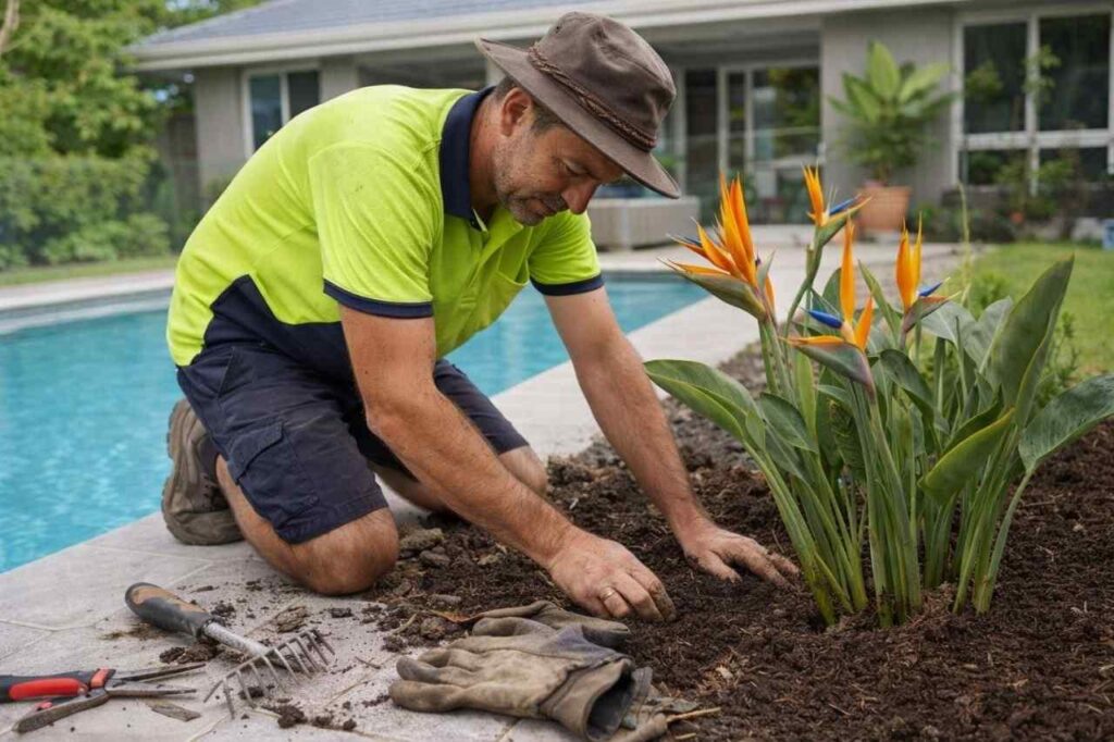 landscaper planting a plant beside the pool