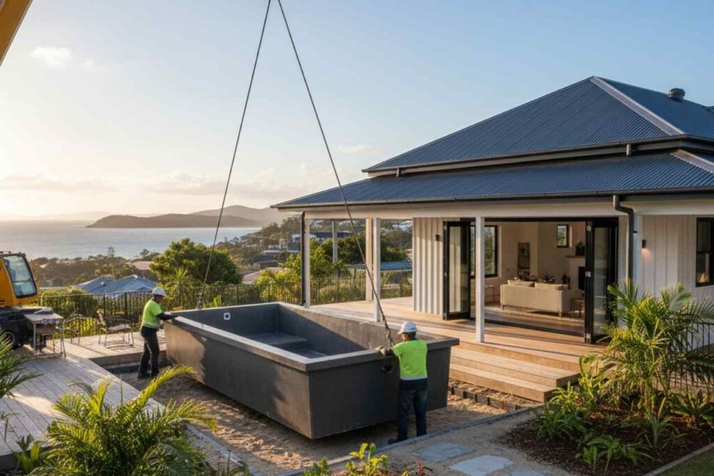 precast pool placement using a crane