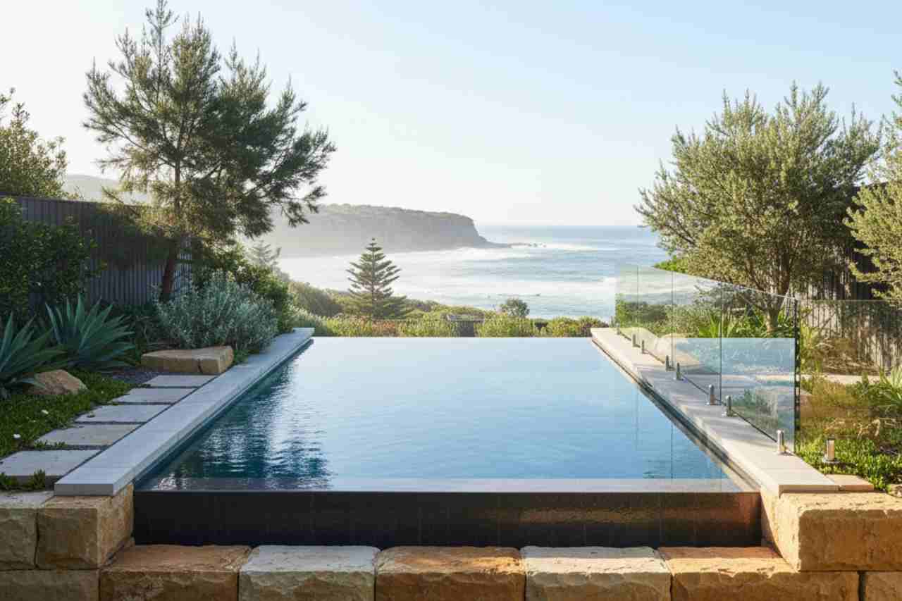 A semi-inground concrete plunge pool integrated into a tiered sandstone retaining wall on a sloping Maroubra block, featuring glass fencing and a direct view of the Pacific Ocean horizon.