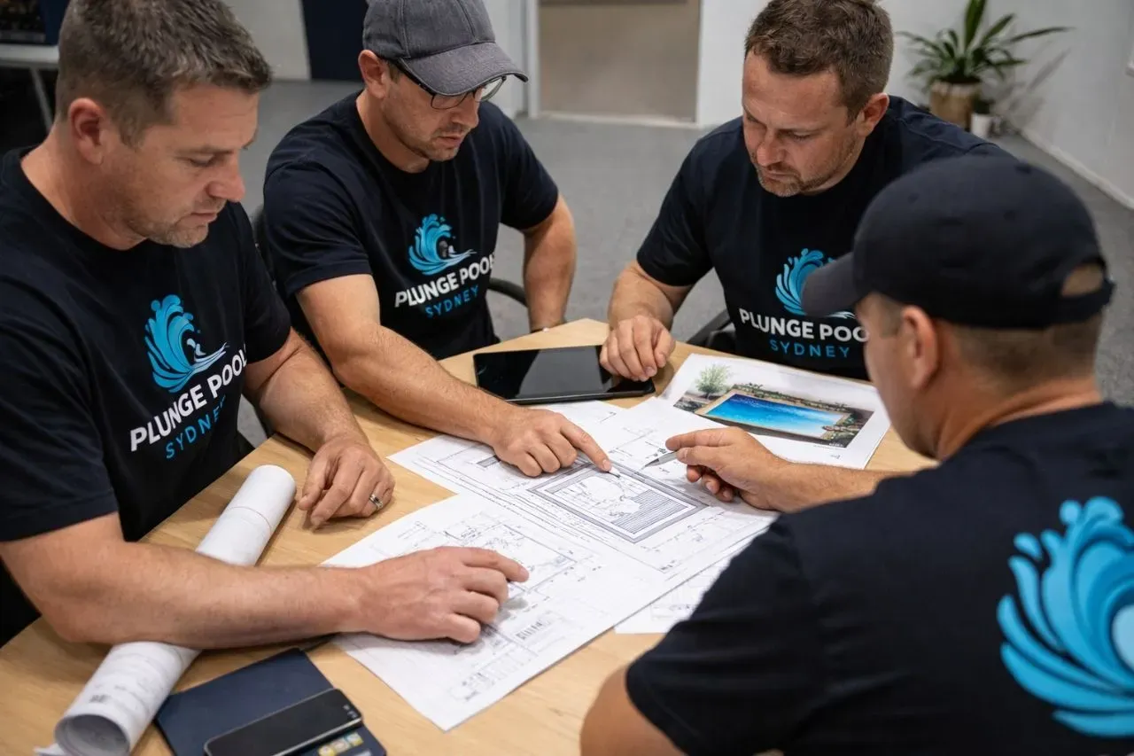 The Team of Plunge Pools Sydney studying the pool plan